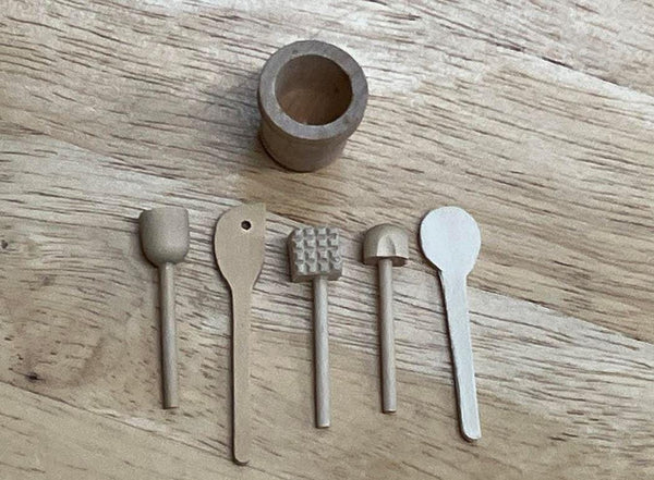 Dollhouse Kitchen Wooden Utensils, Miniature Kitchen Tools in a Tub