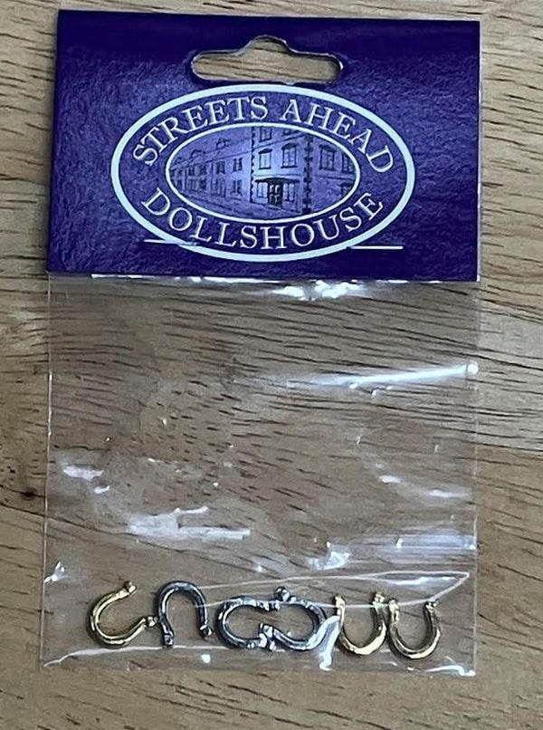 Dollhouse Miniature Horseshoes, 6 Dollhouse Gold and Silver Tone Horseshoes