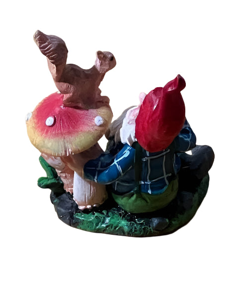 Miniature Gnome Sitting with a Squirrel on a Mushroom, Fairy Garden Gnome, 3.5