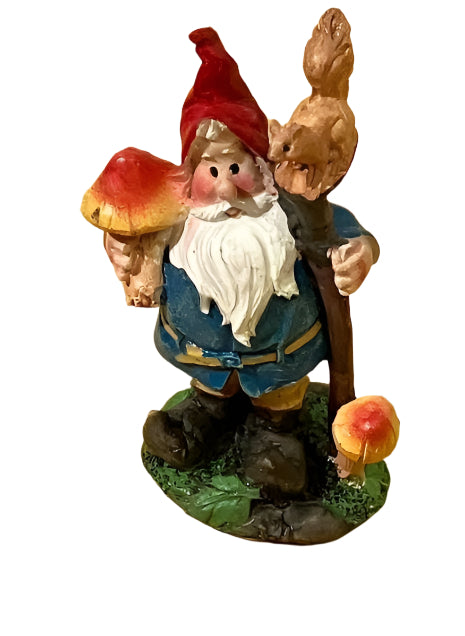 Miniature Gnome Standing with a Squirrel on a Stick, Fairy Garden Gnome, 3.5