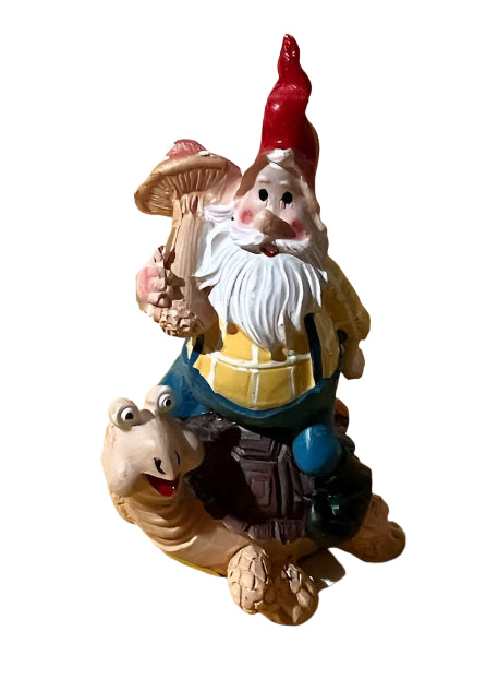 Miniature Gnome Riding on a Turtle, Fairy Garden Gnome, 3.5