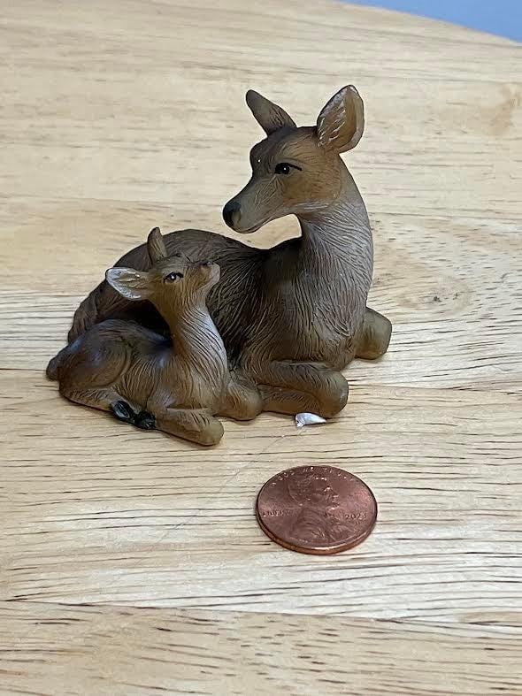 Miniature Mother Deer Sitting with Her Fawn, Fairy Garden Deer, Deer Cake Topper