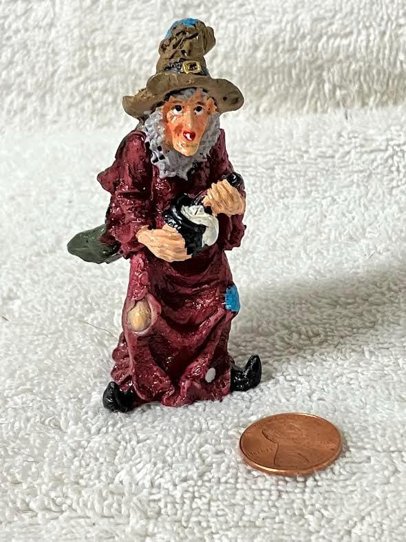 Miniature Halloween Witch Figurine Stirring a Cauldron