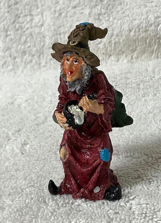 Miniature Halloween Witch Figurine Stirring a Cauldron