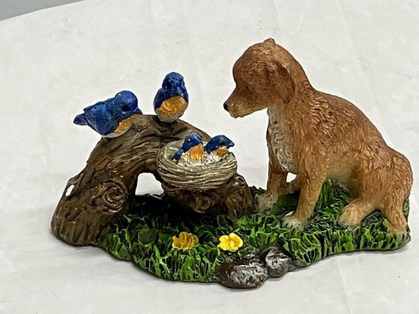 Miniature Dog Watching Over Birds Figurine