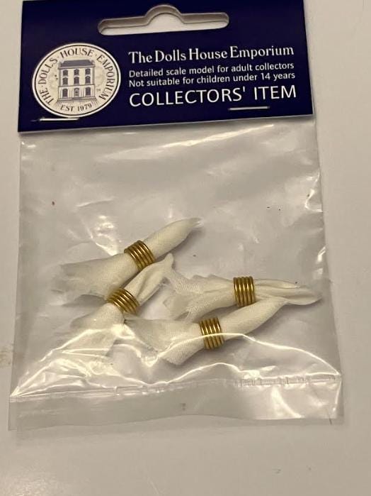 Set of 4 White Dollhouse Cloth Napkins with Gold Ring
