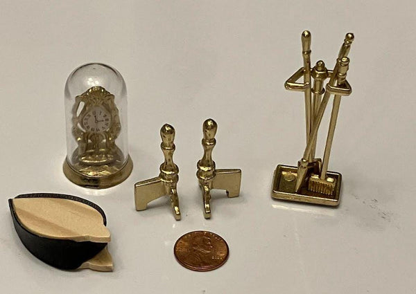 Dollhouse Miniature Fireplace Tools and Mantle Clock