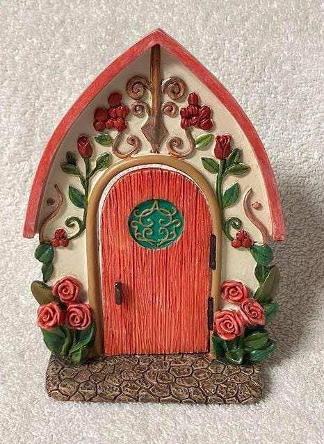 Red Door in Floral Decorated Arched Entry Way, Fairy Garden Door