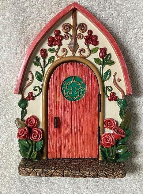 Red Door in Floral Decorated Arched Entry Way, Fairy Garden Door