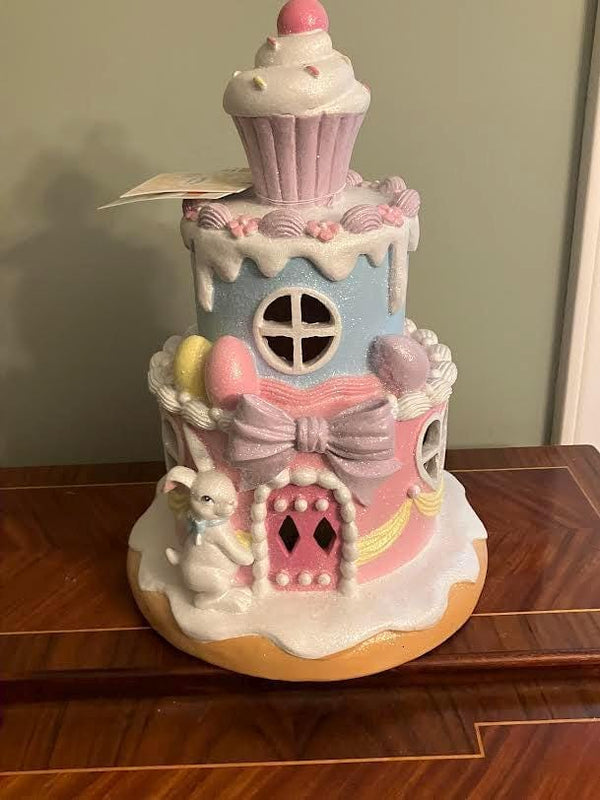 Tabletop Glittery Easter Bunny Tier Cake House LED Light Cupcake Top
