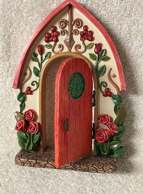 Red Door in Floral Decorated Arched Entry Way, Fairy Garden Door
