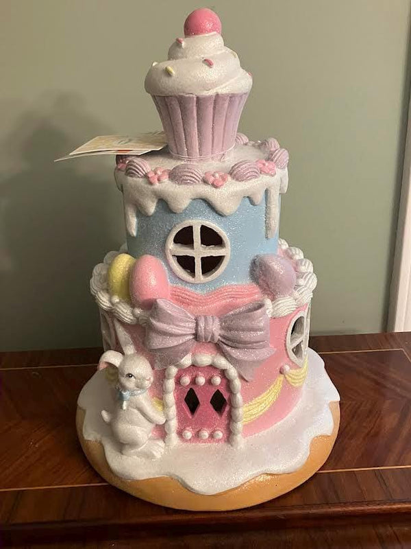 Tabletop Glittery Easter Bunny Tier Cake House LED Light Cupcake Top