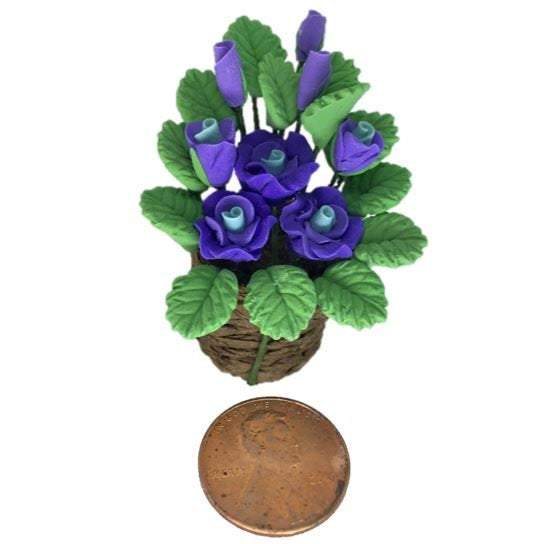 Artificial Dollhouse Plant Basket with Choice of Purple or Yellow Flowers