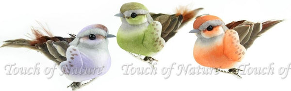 Green, Orange and Purple Birds, Set of 3 Fairy Garden Birds for Nests, Plants and Trees