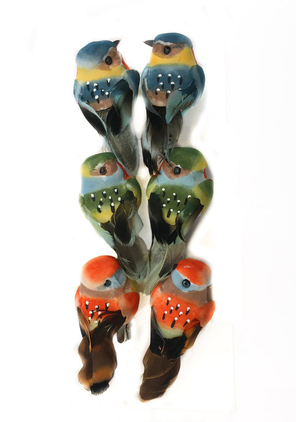 Set of 6 Brightly Colored Artificial Birds, Blue, Green and Orange Birds on a Clip, 2.75