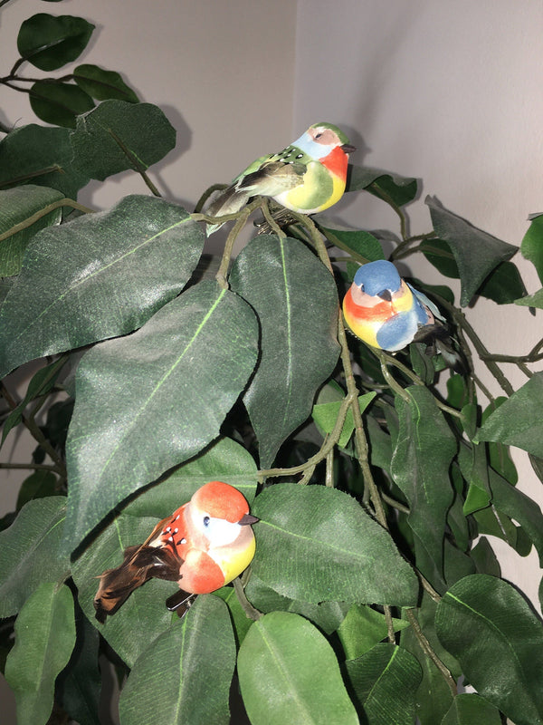 Set of 6 Brightly Colored Artificial Birds, Blue, Green and Orange Birds on a Clip, 2.75