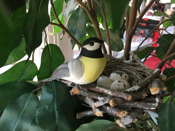 Yellow and Gray Bird with Nest and Spotted Eggs, Stick Nest with a Clip-on Bird
