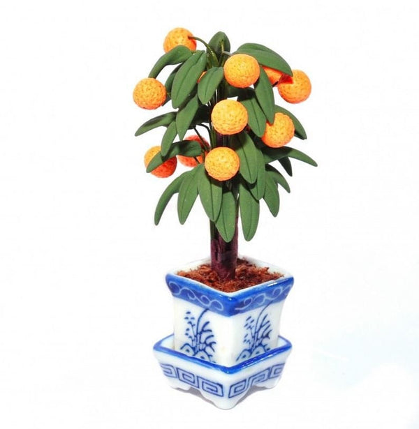 Miniature Potted Orange Tree, Artificial Tree in a Porcelain Planter, Dollhouse Accessory
