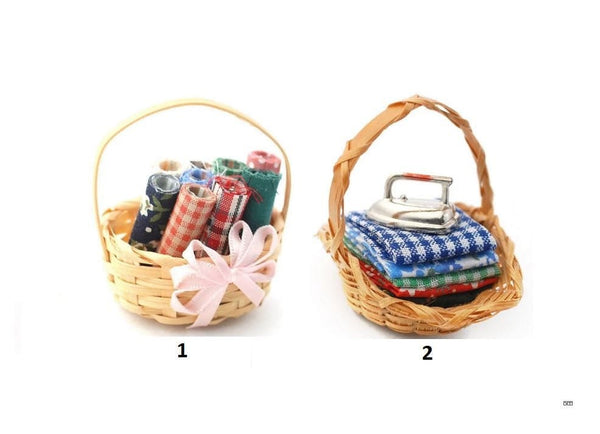 Choice of Miniature Fabric Baskets, Dollhouse Baskets with Cloth or Ironing Basket