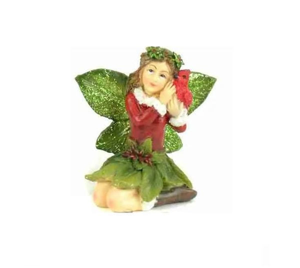 Christmas Fairy with a Red Bird, Red and Green Holiday Fairy, Christmas Cake Topper