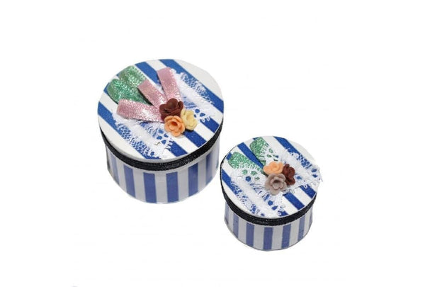 Miniature Blue and White Striped Hat Boxes, Set of 2 Round Dollhouse Hat Boxes, Shadow Box Miniature