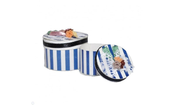 Miniature Blue and White Striped Hat Boxes, Set of 2 Round Dollhouse Hat Boxes, Shadow Box Miniature