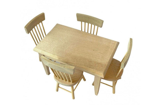 Miniature Barewood Table and Four Chairs, Dollhouse Kitchen Table, Customizable Table and Chairs