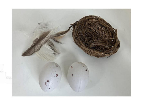 Brown Bird Nest with 2 Eggs and Feathers, Artificial Grass Nest, Create A Nest Kit