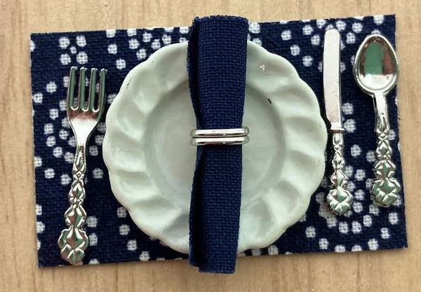 Set of 4 Dollhouse Navy Blue Placemats and Napkins, Miniature Dark Blue Kitchen Table Mats and Napkins