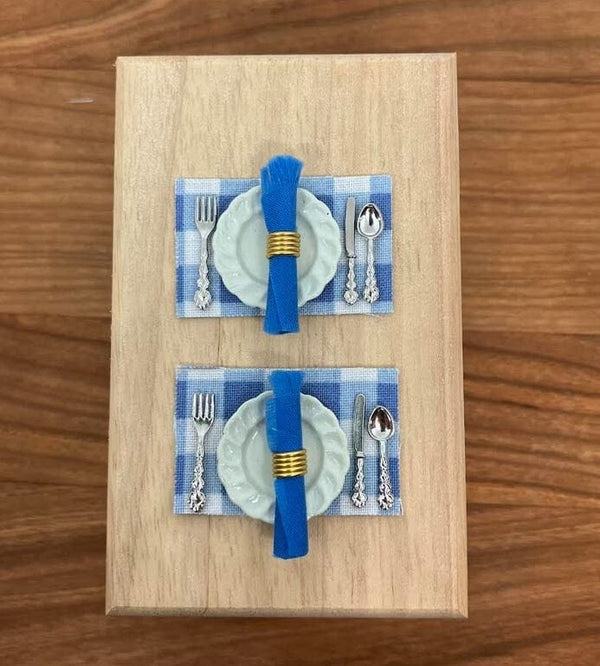 2 Dollhouse Kitchen Table Settings, Blue Placemats and Napkins with Plates and Cutlery for 2, Miniature Kitchen Table Setting
