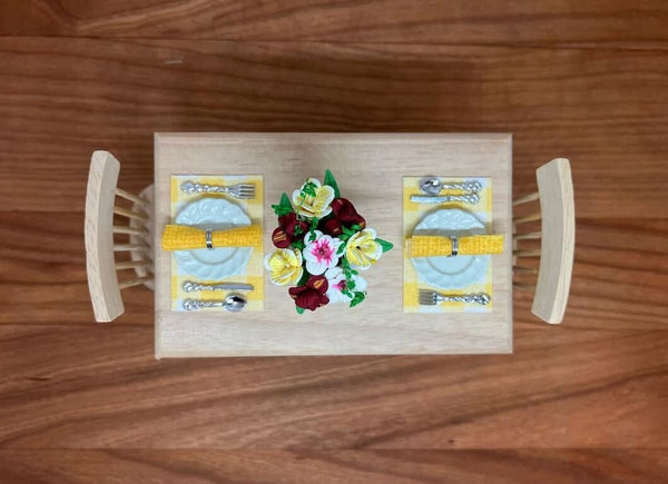 2 Dollhouse Kitchen Table Settings, Yellow Placemats and Napkins with Plates and Cutlery, Miniature Kitchen Table Setting