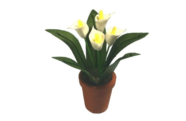 Miniature Artificial Peace Lily for Dollhouse or Fairy Garden, White Flowers in Terracotta Pot