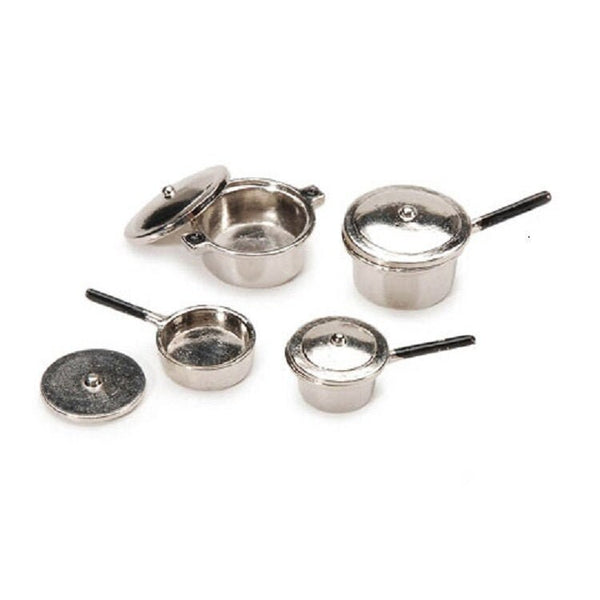 Miniature Metal Pots and Pans, 8 Piece Chrome Dollhouse Pots with Lids, 1:12 Scale