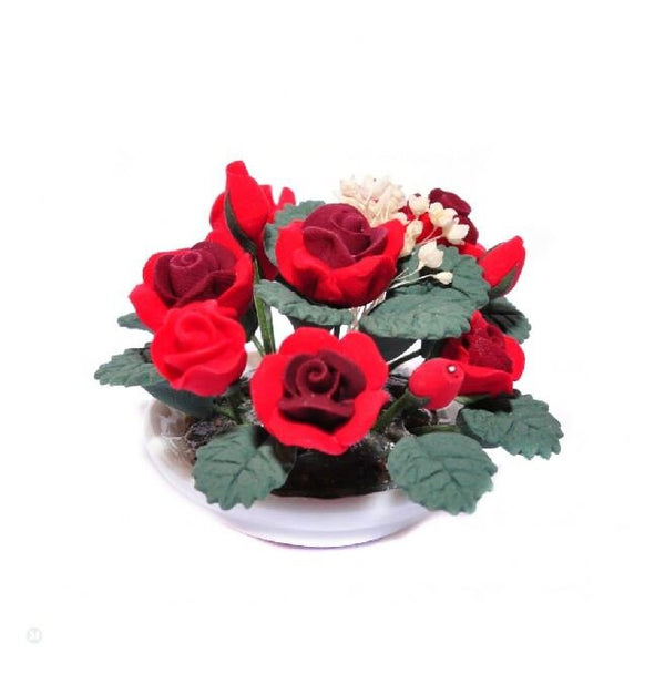 Artificial Red Roses in a Bowl, Miniature Rose Plant, Shadow Box Flowers, Dollhouse Miniature Roses