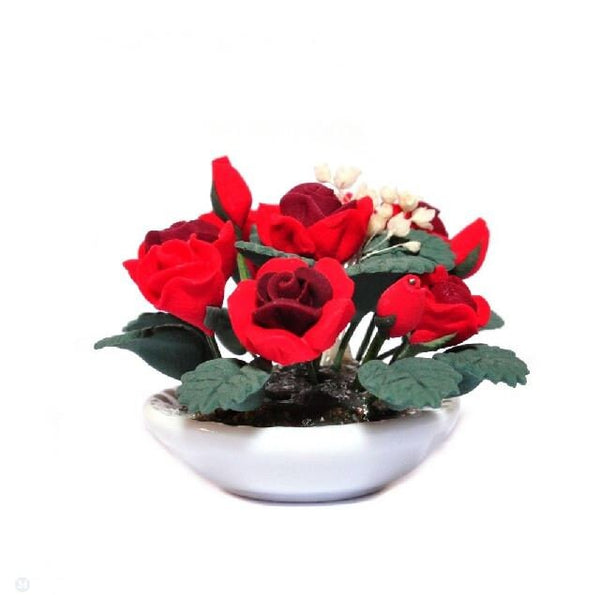 Artificial Red Roses in a Bowl, Miniature Rose Plant, Shadow Box Flowers, Dollhouse Miniature Roses