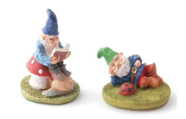 Pair of Micro Mini Relaxing Gnomes, Tiny Fairy Garden Gnomes, Terrarium Gnomes