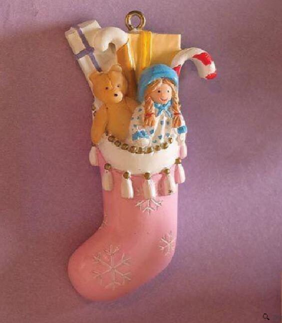 Miniature Pink Christmas Stocking, Decorated Resin Filled Holiday Stocking