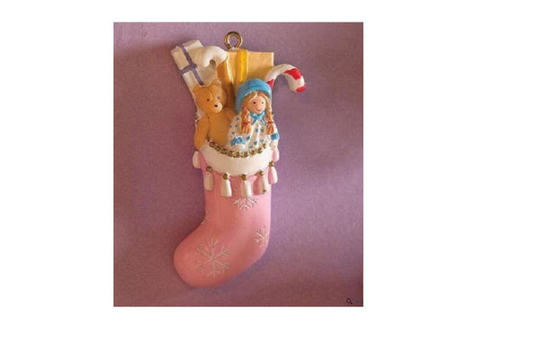 Miniature Pink Christmas Stocking, Decorated Resin Filled Holiday Stocking