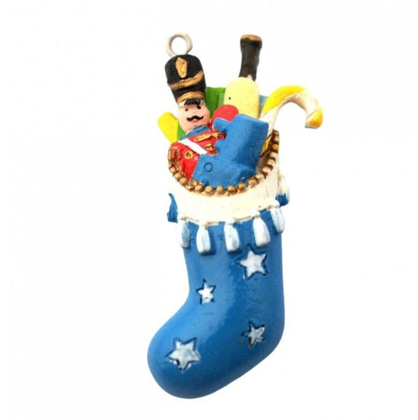 Miniature Blue Christmas Stocking, Decorated Resin Filled Holiday Stocking