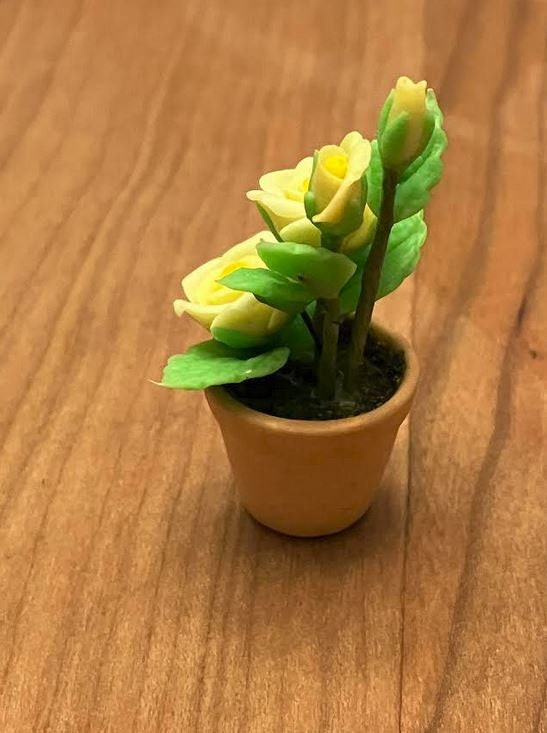 Artificial Yellow Roses, Yellow Flowers in a Pot, Miniature Rose Plant, Dollhouse Roses