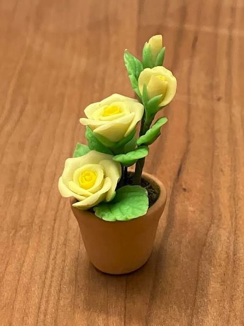 Artificial Yellow Roses, Yellow Flowers in a Pot, Miniature Rose Plant, Dollhouse Roses