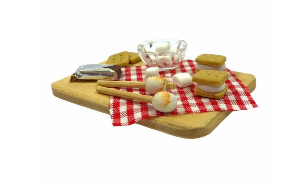 Dollhouse Miniature S'Mores Tray, Miniature Marshmallow and Chocolate Melting Set