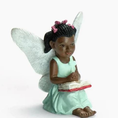 Miniature African American Fairy 'Shani' in Pale Aqua Blue, Fairy with a Book, Garden Fairy of Color