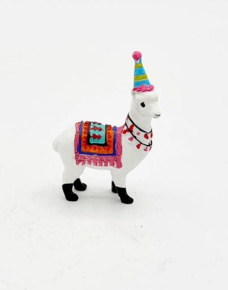 Miniature White Llama in a Party Hat, Party Llama Gift for Llama Collector, Llama Cake Topper