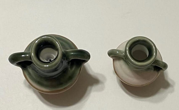 Pair of Green and Brown Dollhouse Pottery Jars, Miniature Glazed Urns with Handles, 1:12 Scale