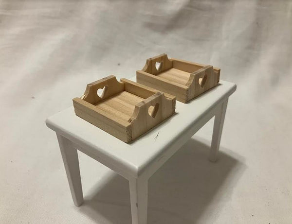 Pair of Miniature Wood Trays, 2 Dollhouse Wood Trays with Heart Handle, 1.5