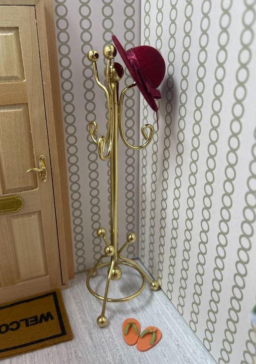 Miniature Metal Coat Rack, Standing Gold Tone Dollhouse Hallway Coat Hook