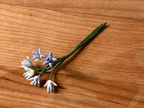 Miniature Artificial Pale Blue Flower Stems. 6 Single Stem Blue Flowers, Dollhouse Flowers with 4" Stems