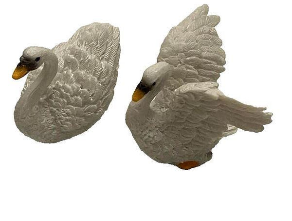 Pair of Miniature White Swans, White Bird with Open Wings, Fairy Garden Birds