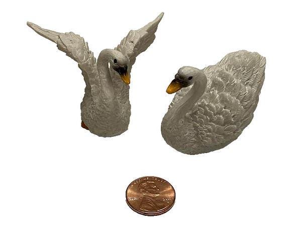 Pair of Miniature White Swans, White Bird with Open Wings, Fairy Garden Birds